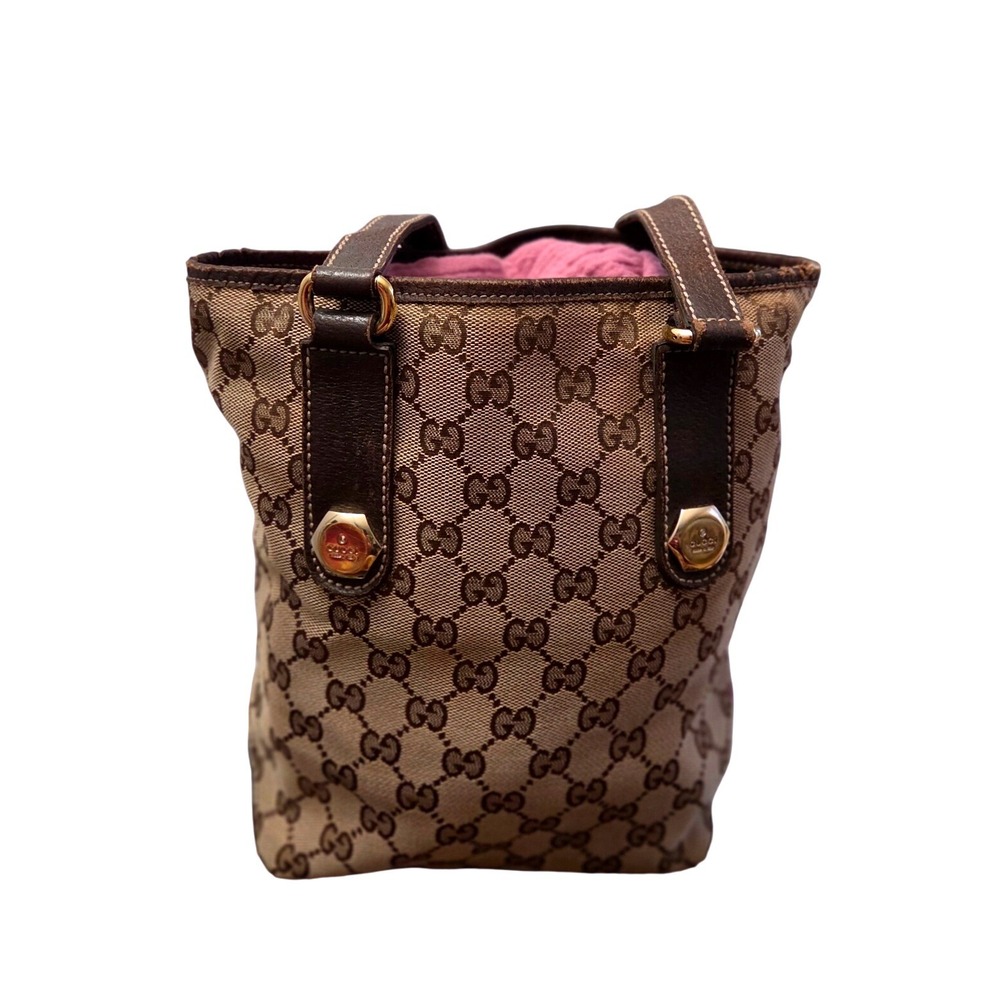 Gucci GG Monogram Canvas Tote Bag Brown Leather Trim Gold Hardware Luxury